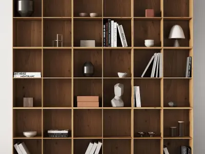 373 bookcase and rack 07 japandi wood with decor 01 3D model