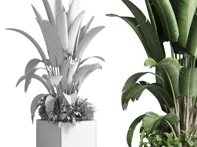 Concrete box plants on stand set plant concrete dirt vase 3D model