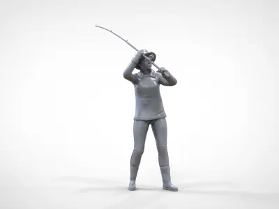 N3 standing Fisher woman with fishing rod 3D print model