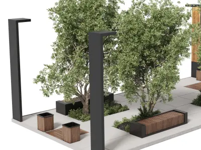 Urban Environment Urban Furniture Green Benches Low-poly 3D model