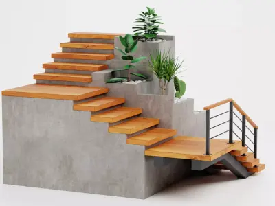 Staircase Corner with Plants - Modular Interior Stairs  Low-poly 3D model