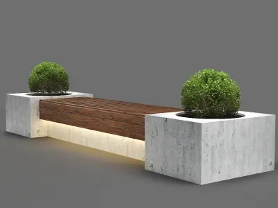 bench1150-4m concrete bench with two potted plants 3D model