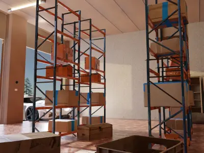 Warehouse full of boxes and Koenigsegg rigged car 3D model