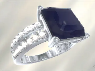 Ring with big black stone and diamond Free low-poly 3D model