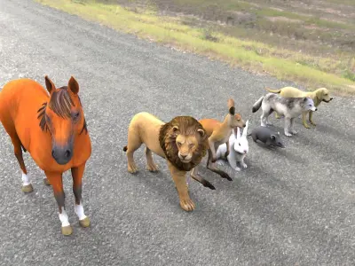Animal Group lion horse rat rabbit kangaroo wolf and dog  3D model