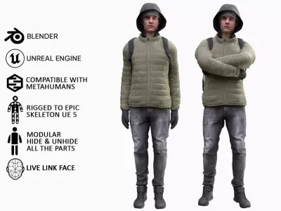 Man in Winter Outfit - Modular - Rigged Low-poly 3D model