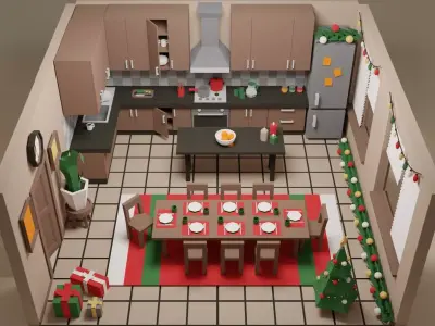 Low Poly Modular Simple Christmas Interior Pack Kitchen Low-poly 3D model