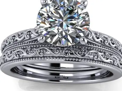 Vintage Classic 1 Carat Dia Solitaire Bridal wedding band set 3D print model