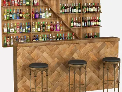 WoodBar bar with shelves and stools 3D model