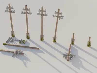 Low-poly PBR Wood Electricity Wires Poles Set Low-poly 3D model