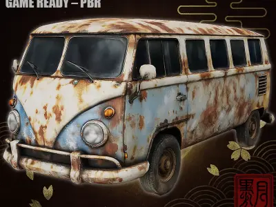 Vintage Mini Bus Rusted Retro Transport Van Game Ready PBR Low-poly 3D model