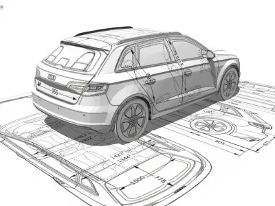 Audi A3 Sportback 3d blueprint Low-poly 3D model