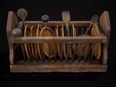Medieval Small Dishes Rack Low-poly 3D model