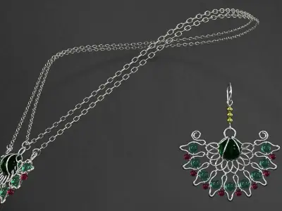 earrings emerald necklace and set 3D model