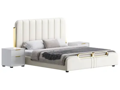 Upholstered Headboard Bed Frame Modern Panel Bed I 3D model