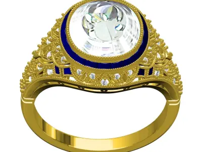 Unique Cushion Diamond Art Deco Ring 3D print model