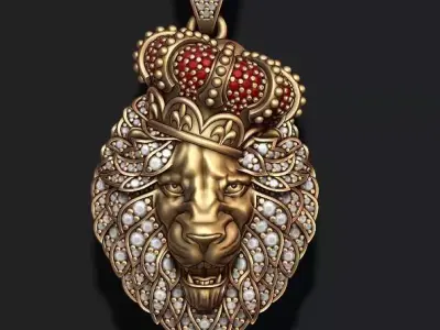 Leon pendant with royal crown diamonds and opened mouth 022 3D print model
