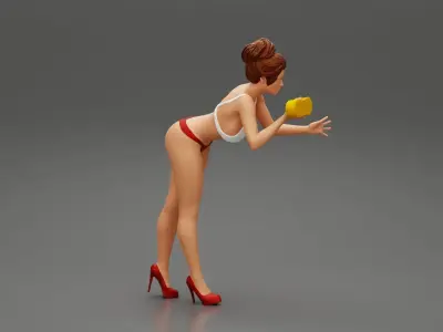 Sexy woman washing car with sponge 3D print model