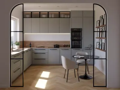 Modern L-shape kitchen grey and wood with dining table and chair 3D model