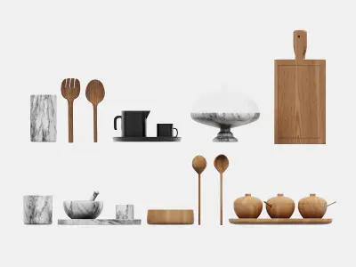 Kitchenware collection in wood and marble 3D model