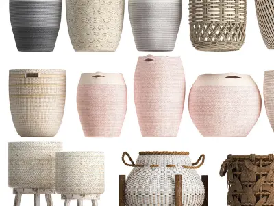 Basket Collection  Wicker  Rattan White Baskets 3D model