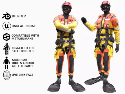 Man - Rescue Swimmer - Modular - Rigged Low-poly 3D model