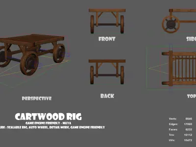 Cart Wood RIG for Maya and Game Engine Low-poly 3D model