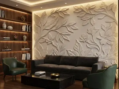 Modern Floral Relief Panel Wall Decor Set STL Mural CNC 318  3D model