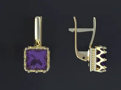 Earrings with square gem for CNC model or 3D print model