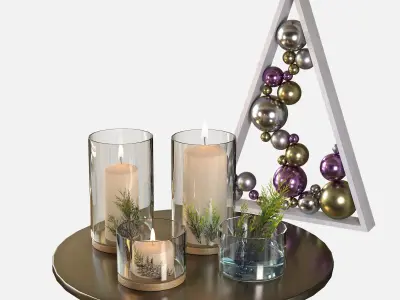 Decor set candles and ornaments on tray 3D model