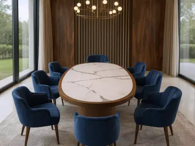 Modern Luxury Dining Set Marble Oval Table with Velvet Chairs 3D model