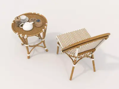 Rattan Coffee Table and Chair Set 3 3D model