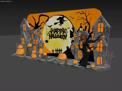 Halloween Decorative Scene with Haunted Houses and Pumpkins 3D model