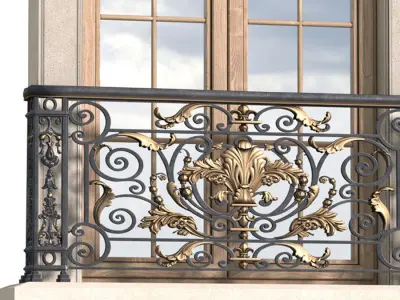 Classic facade window with French balcony Forged Fence  3D model