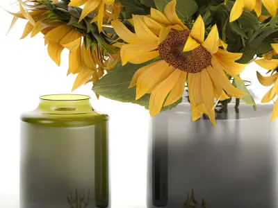 Bouquet Of Yellow Sunflowers In A Glass Vase 3D model