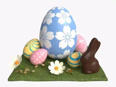 Easter Eggs Rabbit Flowers Composition 3D model
