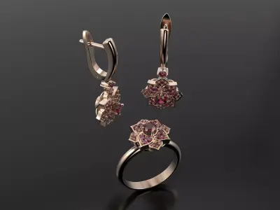 Flower rings and earrings set 3D print model