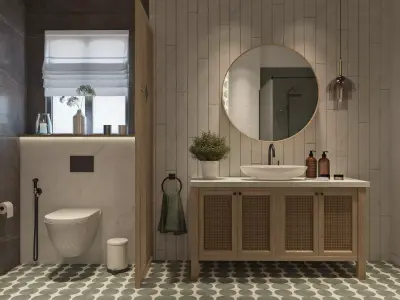 Bathroom modern with wooden floors and tiled walls 3D model