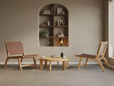 Japandi Reading Corner with Woven Lounge Chairs 3D model