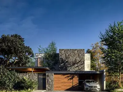 Elegant modern house with car and harmonious design 3D model