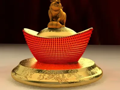 Chinese Gold Ingot with Golden pig 3D model