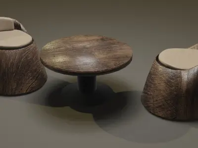 WOOD CHAIR AND TABLE  Low-poly 3D model