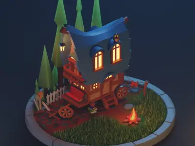 carriage in the night forest Free low-poly 3D model