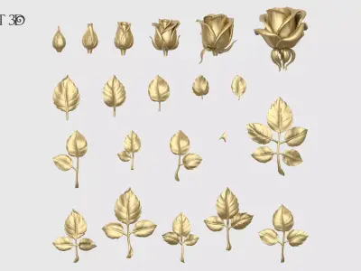 Rose Buds And Leaves Set 3D print model