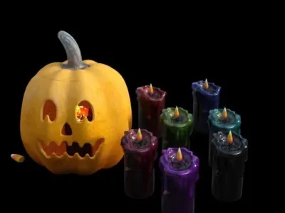 Halloween pumpkins and candles Low-poly 3D model