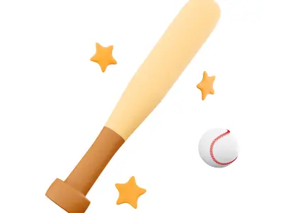 3d baseball ball and bat with stars around the icon 3D model