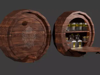 Vintage Keg Shaped Wall Bar with Glassware 3D model