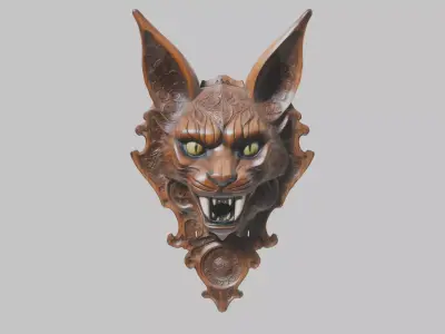Carved Wooden Diabolical Cat Head Wall Mount  Low-poly 3D model