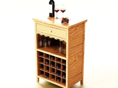 Wine Table Rack 3 Bottles Cups and Cherries 3D model