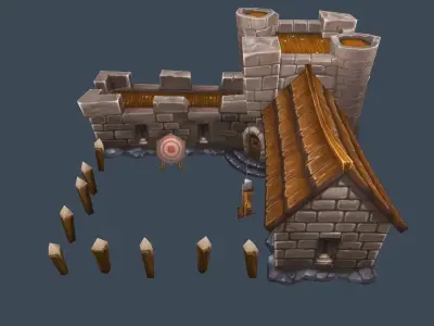 Cartoon Old Stone Fortress Wall Barack Building Low-poly 3D model